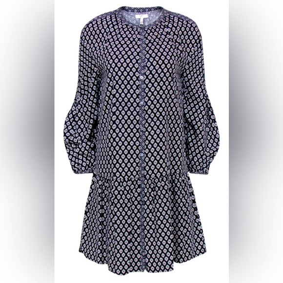 Joie-Black and White Floral Print Long Sleeve Button-Up Drop Waist Dress Sz S - Picture 1 of 13